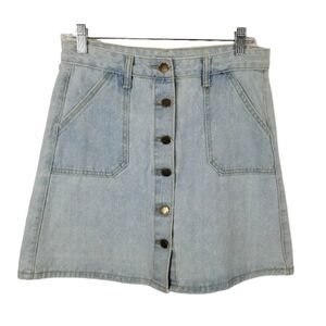 Heritage Denim Mini Skirt Button Front Cotton Blend Pockets Light Wash A Line M